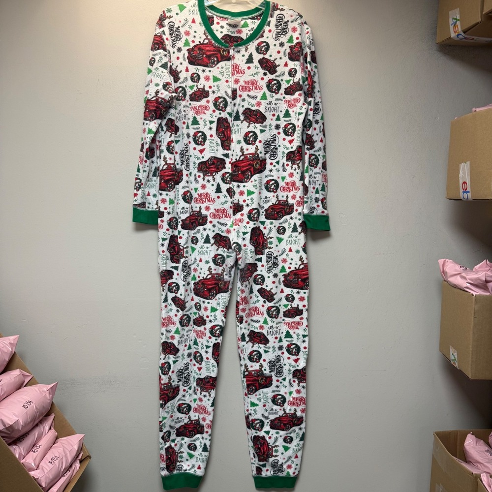 Buc-ee's Union Suit Adult XL White Red Christmas Truck Thermal Pajamas Excellent